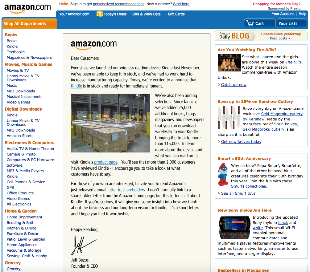 Amazon homepage with Kindle ad (2008)